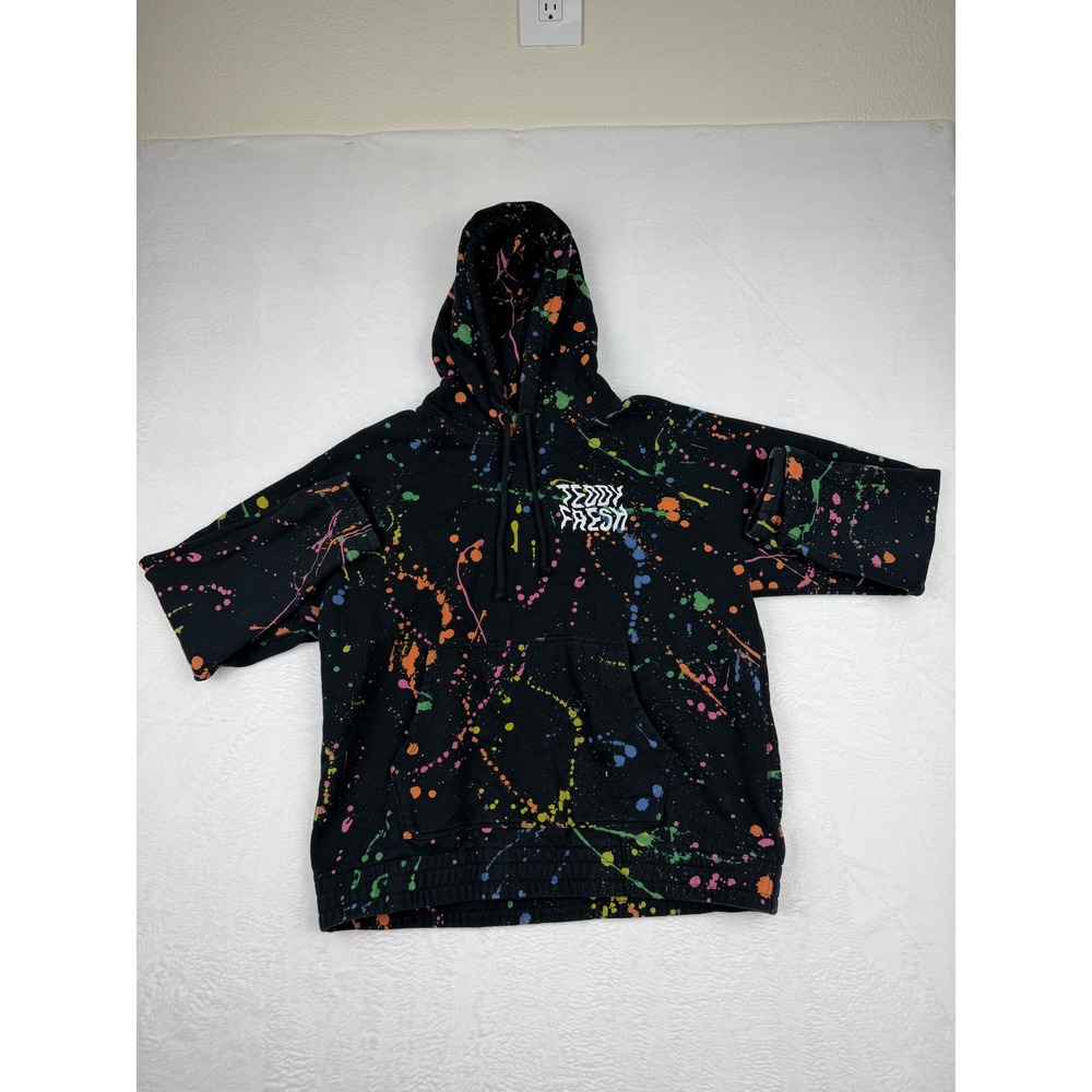 Teddy Fresh Mens Paint Splatter Hoodie Black Multi Color Logo Streetwear medium